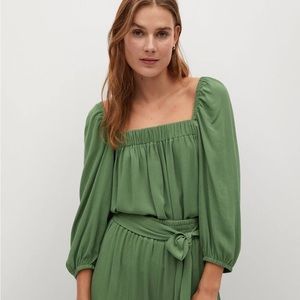 NWT MANGO - Puffed sleeves blouse, square neck, green, size 2